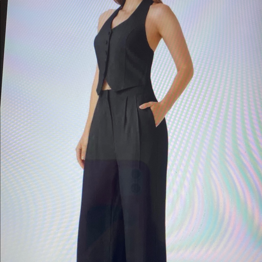 LARGE.  HALARA HALTER BACKLESS SHIRRED BUTTON WIDE LEG JUMPSUIT - Picture 3 of 11